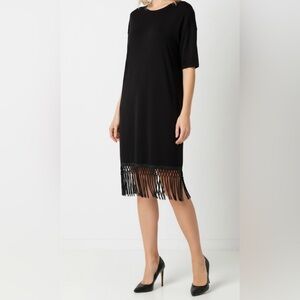 Zara black short sleeve below knee dress with fringe trim knit round neck, large
